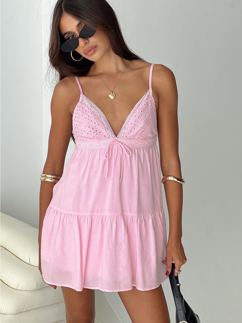 Princess Polly Light Pink Eyelet Lace Mini Dress